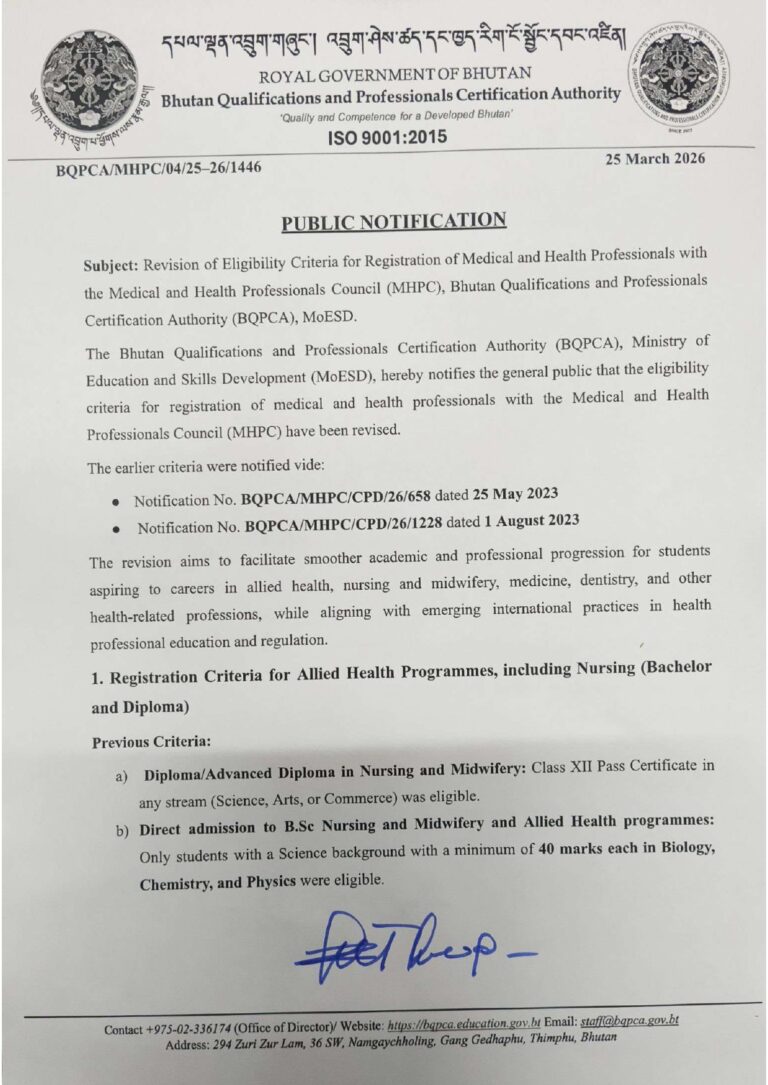 Eligibility criteria for registering Medical and Health Professionals with the Medical and Health Professional Council have been revised.